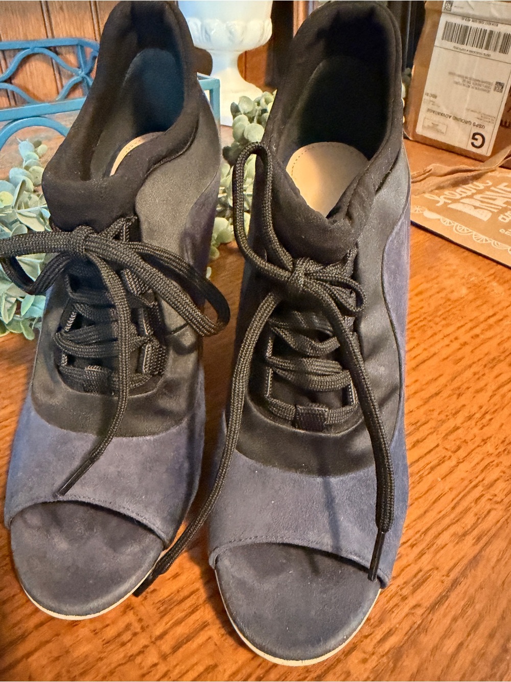Miu Miu Navy and Black Open-Toe Lace-Up Wedge Heels